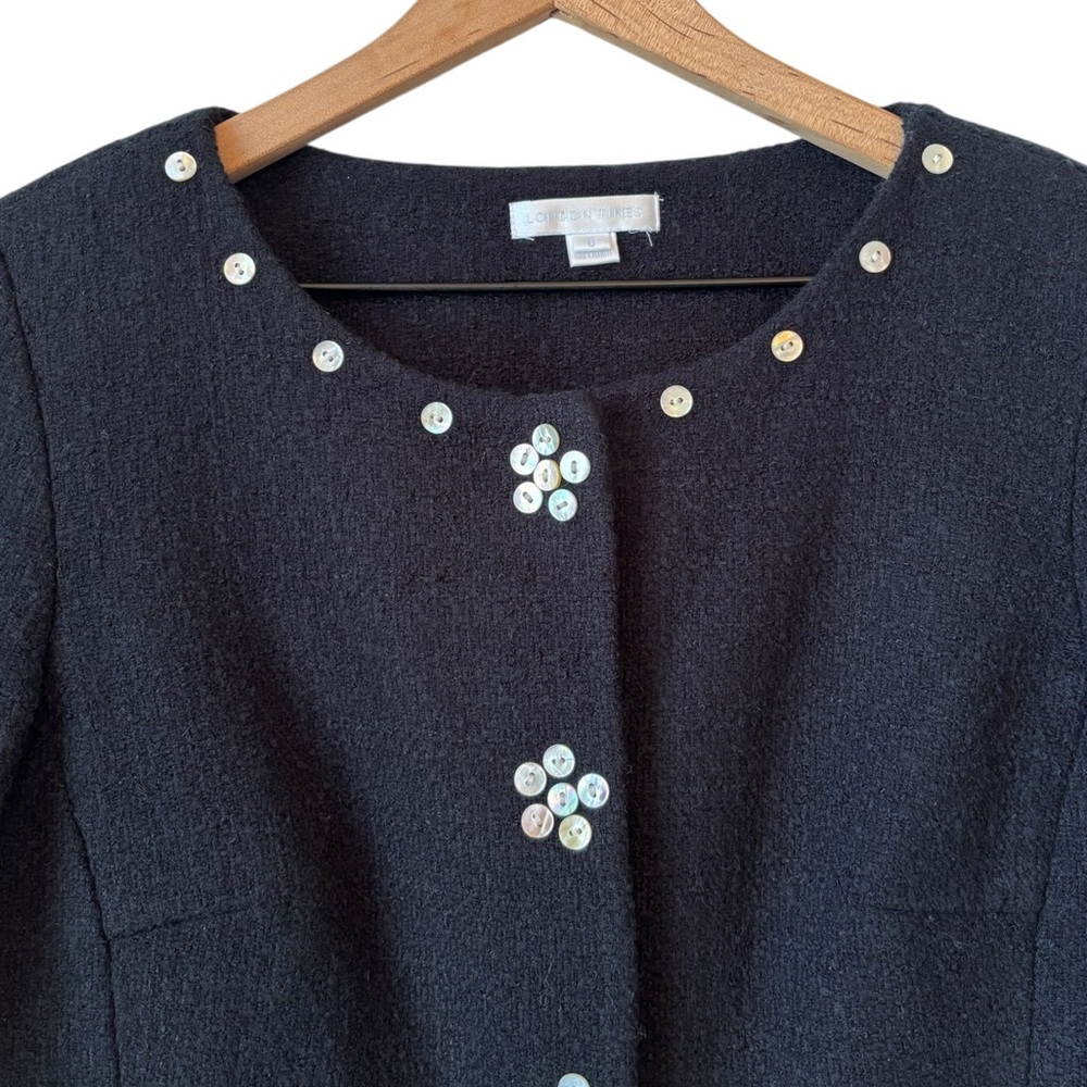 London Times Tweed Mother of Pearl Button Crop Jacket Blazer Sz 6 Black Business - Picture 3 of 13